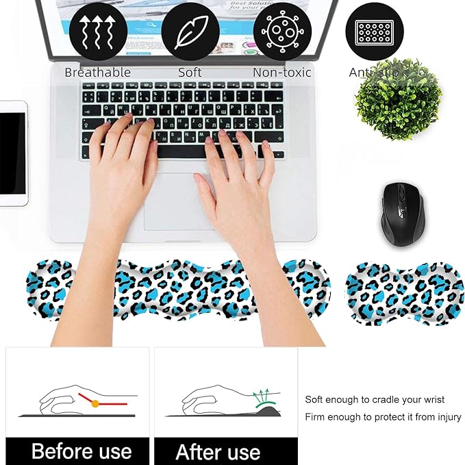 Bxgolkgd Desk Mat SetMouse Pad with Keyboard Wrist Rest &amp Mouse Wrist RestWave-Shaped DesignNon-Slip Rubber BaseErgonomic Desk Mat for HomeOfficeGamingBlue Leopard Print