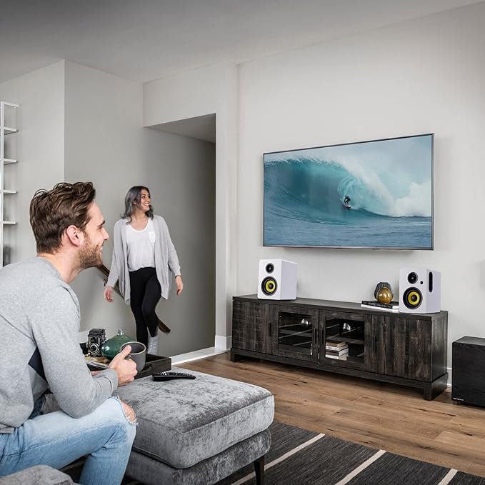 Sanyun SW206 4” HiFi Bookshelf Speakers with Studio Mode 80W Active Bluetooth 5.4/Optical/Coaxial/TRS/Aux/24bit DAC USB for Turntable TV PC Desktop MDF Cabinet Remote Control White