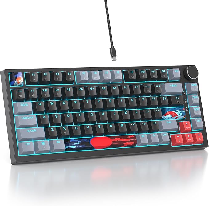 75% TKL Wired Mechanical KeyboardRGB Backlit Gasket Mount 82 Key Hot Swappable Custom Linear Red Switch Gaming Keyboard with Volume Knob &amp PBT Keycaps (82 Dark)