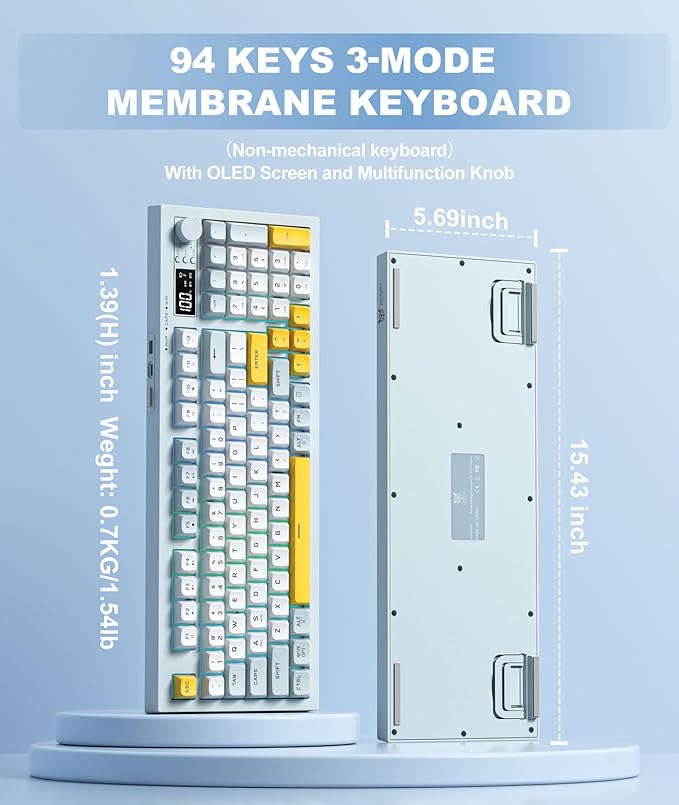 Wireless Keyboard Creamy Membrane with Rainbow Backlight3-Mode Connectivity (BT/2.4G/USB-C) with LCD Screen &amp Multifunction Knob200H Battery 94 Key PBT Keycaps Quiet Typing for Office/Home/Gam