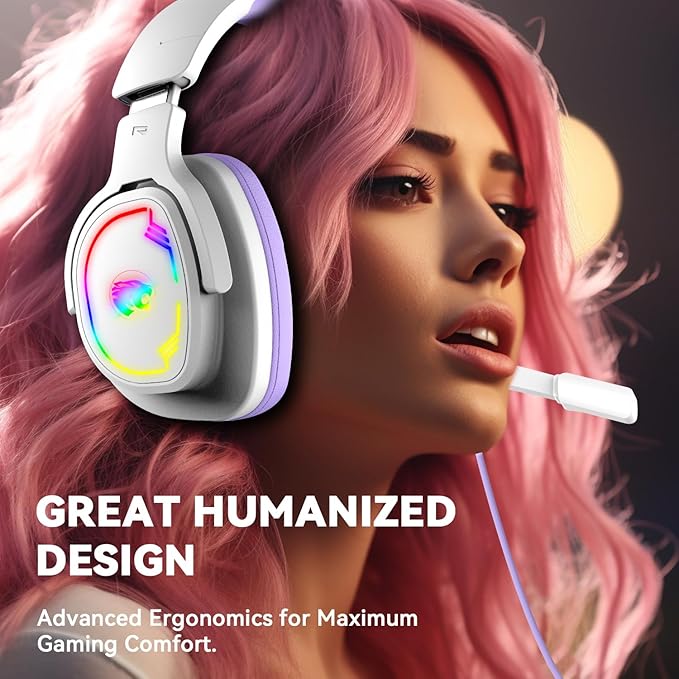 Gaming Headset for PC/PS4/PS5/Xbox One/Switch Stereo Surround Sound Gaming Headphones with Noise Canceling Flexible Mic Computer Headset with 3.5mm Jack &amp RGB Light (WhitePurple)
