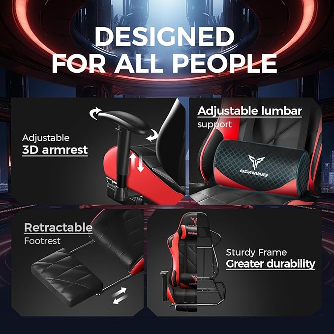 Gaming Chair Big and Tall Video Game Chair with High Back PU Leather Home Office Ergonomic Computer Chair with Footrest Adjustable Height 360° Swivel Wheels for Adults and Teens