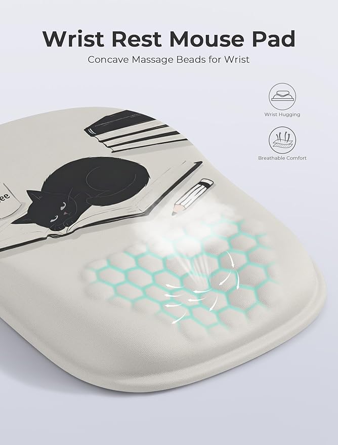 Ergonomic Mouse Pad with Cute Black Cat Design for Carpal Tunnel Pain Relief 65% Usable Mouse Area Memory Foam Concave Wrist Rest for Office PC Gaming