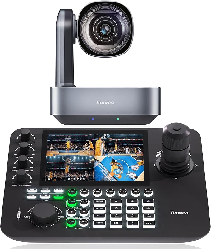 Tenveo 4K PTZ Camera and Controller Bundle/Kits- 12X 4K PTZ Camera with HDMI/USB3.0/LAN(PoE) 7-Inch LCD Quad-Screen 4D Joystick NDI PTZ Controller Kit for Church Services Live Streaming Conference