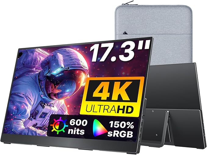 cocopar Portable Monitor 17.3 Inch 4K UHD 60Hz 150% sRGB Travel Monitor with Speaker HDMI USB-C Second Screen for Laptop MacBook Surface PC Xbox PS4/5 VESA Mountable with Kickstand