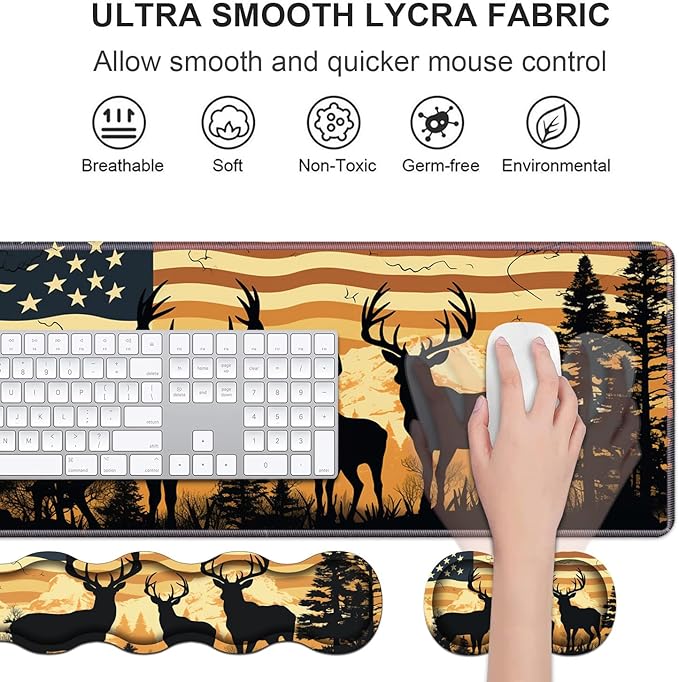 Ergonomic Keyboard Wrist Rest &amp Mouse Pad Wrist Rest Set Large XXL Gaming Desk Mat 31.5x 11.8 with Non-Slip Base Memory Foam Easy Typing Pain Relief for Home &amp Office American Flag Deer