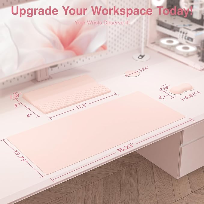 Ospelelf Keyboard Stand Wrist Rest Pad and Ergonomic Mouse Pad Set with Large Mousepad Desk Mat Memory Foam Comfort Premium Office Desk Accessories for Pain Relief and Efficiency Pink