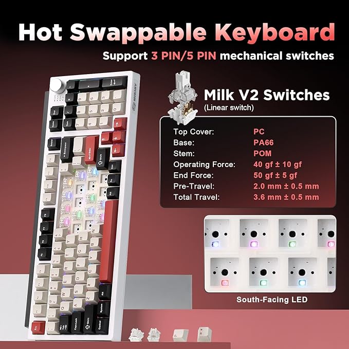 K98 Wireless Mechanical KeyboardTri-Mode BT5.0/2.4GHz/USB-C Hot Swappable Custom KeyboardGasket StructureRGB Backlit Gaming Keyboard for Win &amp Mac(White&ampRedMilk-V2 Switch)