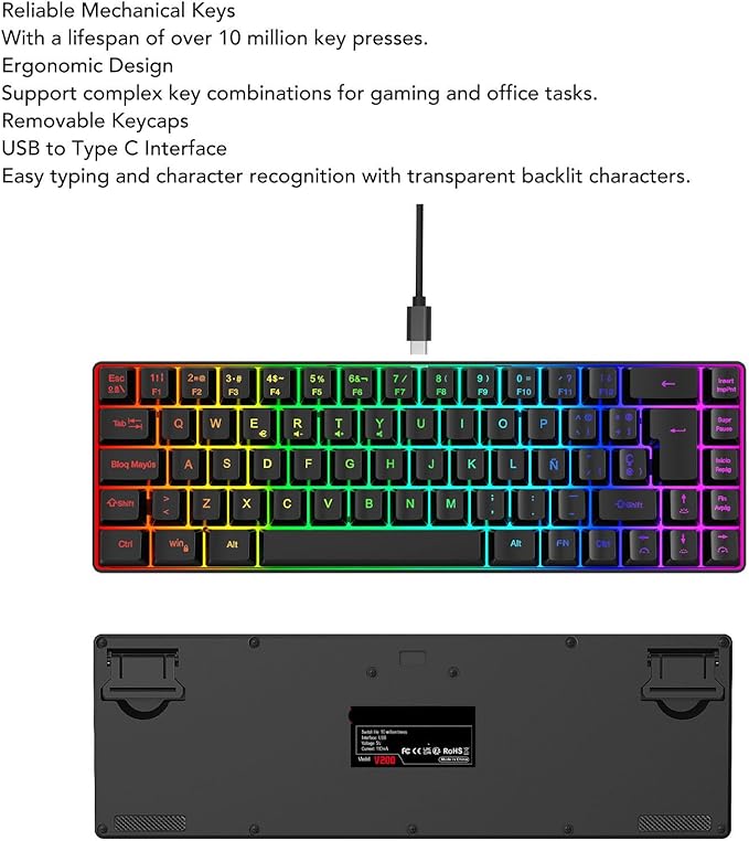 Yunir Mechanical Gaming Keyboard68 Keys Wired Mechanical KeyboardRGB Backlight Ergonomic Mechanical Gaming Keyboard for Wins 2000 7 8 10 VistaSupport Spanish Language Only