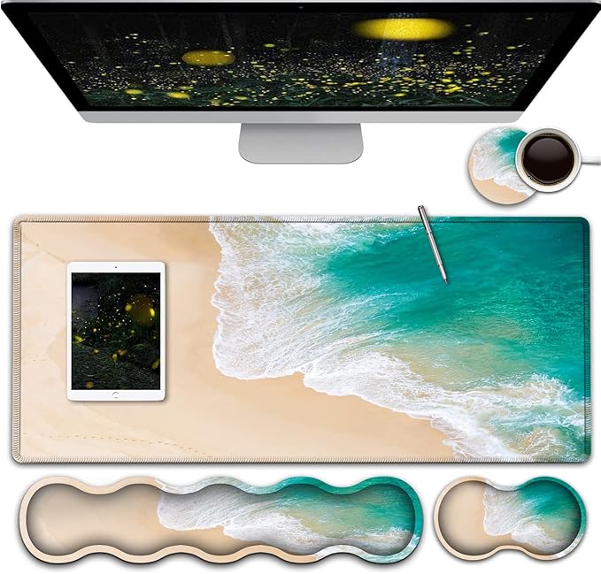 Gaming Mouse Pad and Keyboard Wrist Rest Large Extended Mouse Pad31.5X 11.8Ergonomic Memory Foam Wrist Rest Support+Desk Mat Protectorfor Office/Home Writing Pad Beach Pattern Mousepad