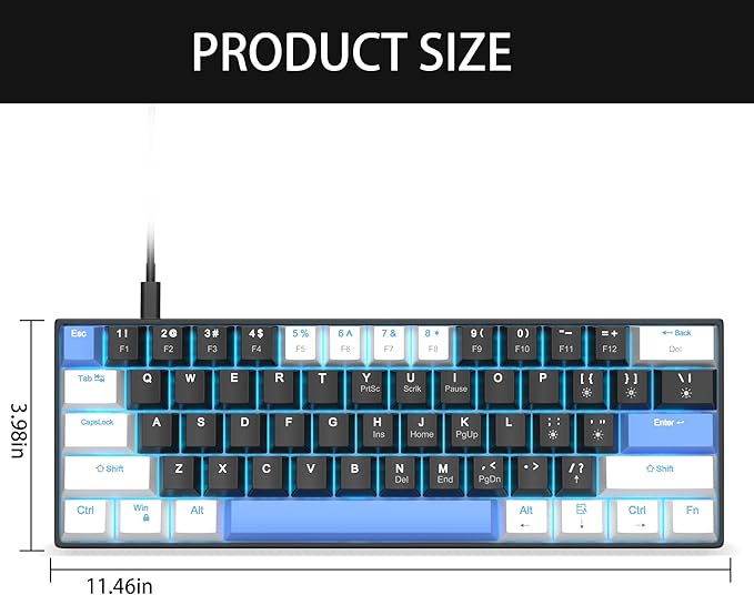 Camiysn 60% Mechanical Gaming KeyboardWhite Black Blue Keycaps Gaming Keyboard with Linear Red Switch Detachable Type-C Cable Mini Keyboard with Blue LED Light for Windows/Mac/PC/Laptop