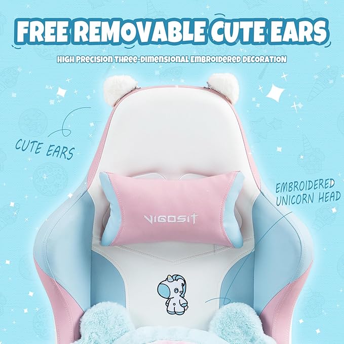 Cute Gaming Chair for Girl Ergonomic Cat Computer Chair with Armrests High Back Video Game Chairs with Footrest and Massage Lumbar Support for Teen &amp Woman Adjustable Height (Blue+Pink)