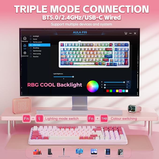 Aula F99 Mechanical Keyboard Pink Wireless Gaming Keyboards Hot Swappable Custom Creamy Computer Keyboard Full Size Tri-Mode BT5.0/2.4GHz/USB-CRGB BacklitGasket StructureStrawberry Mint Switch