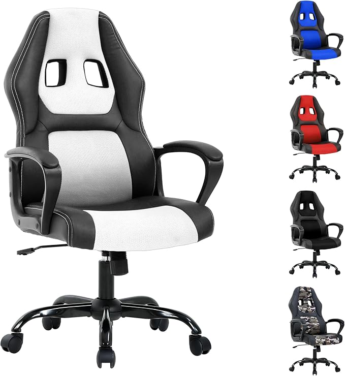 Gaming Chair Office Chairs Ergonomic Design Comfortable Office Chair PU Leather with Mesh Back Gaming Chairs with 360-Degree Swivel Gaming Chairs for Adults PC Chair Max 250LBS White