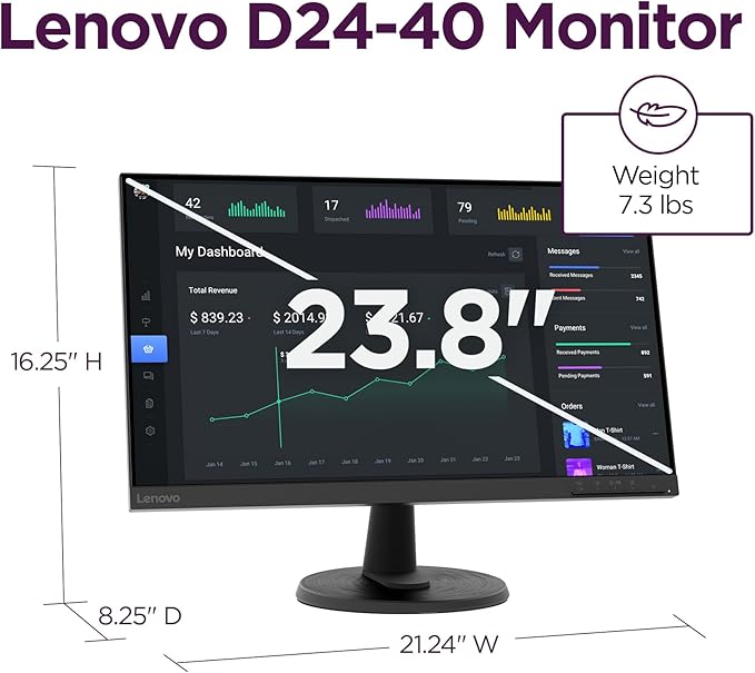 Lenovo D24-40 Monitor 23.8 FHD Display Tilt Stand HDMI and VGA Ports 75Hz Refresh Rate AMD FreeSync 250 nits Raven Black