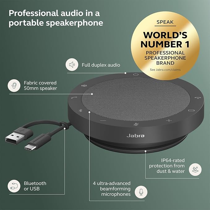 Jabra Speak2 55 Wireless Bluetooth Speakerphone (2025 Edition) - Portable with 4 Noise-Cancelling Mics - Microsoft Teams Certified - Dark Grey