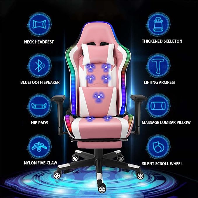 TBQATNTS Ergonomic Massage Computer Gaming ChairGaming Chair with Led Lightswith Speakers Music Video Game Chairwith Footrest High BackRGB Led LightsSeven Point Massagefor GamingBlue