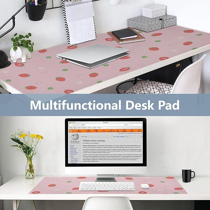 Mouse Pad Desk Mat Leather Desk Pad Large Gaming Desk Cover Protector Mat for Keyboard Computer Laptop Office Waterproof 35.4 x 16.5 Inch Cute Strawberry