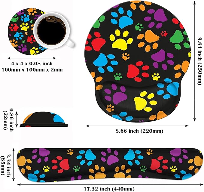 Keyboard Wrist Rest and Mouse Wrist Rest Pad Set with Coasters Non-Slip Rubber Base Ergonomic Gaming Mousepad for Home Office Working Studying Easy Typing &amp Pain Relief Multicolor Dog Paws