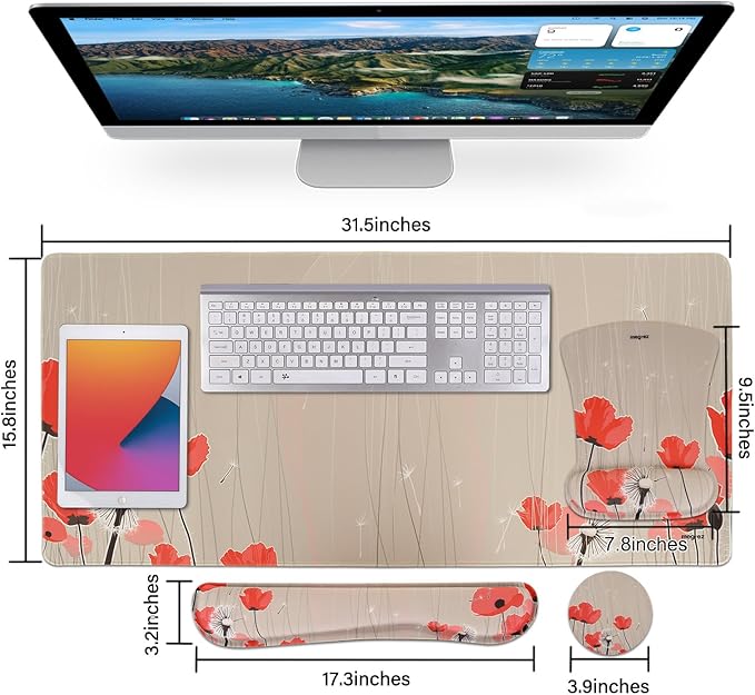 MEGREZ 4-in-1 Ergonomic Memory Foam Wrist Rest Set Desk Pad Mouse Pad with Wrist Rest Keyboard Pad Suitable for Office Workers Programmers &amp Gamers–Relieve Typing &amp Gaming Fatigue Light