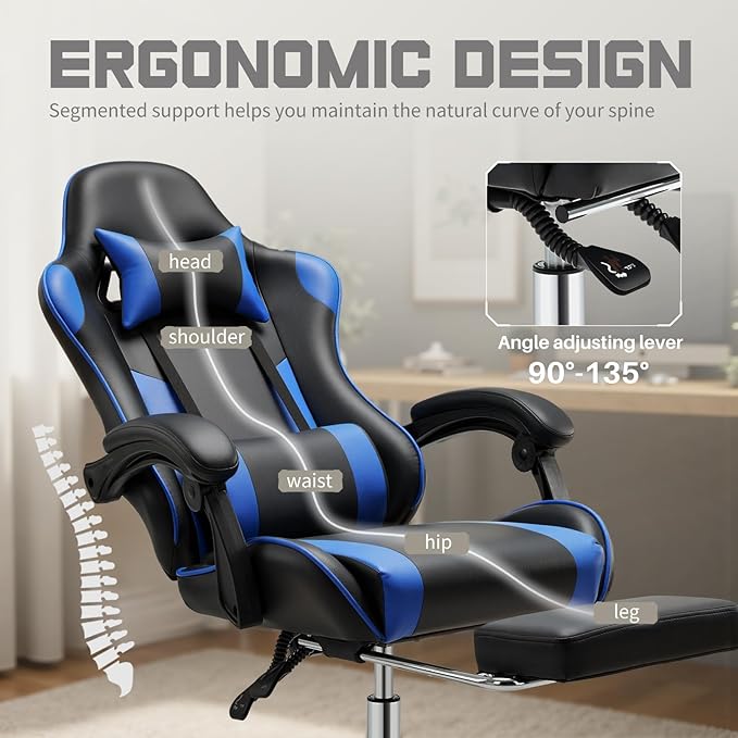 edx Ergonomic Gaming Chair PU Leather Office Computer Chair with Footrest Headrest Linkage Armrests Height Adjustable 360° Swivel Reclining (Blue)