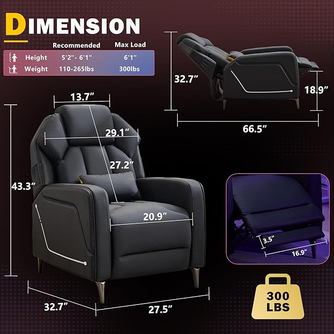 Gaming Recliner Chair with LED Lights Racing Style Big and Tall PU Leather Gaming Chair for Adults Lumbar Support Modern Ergonomic Home Theater Seating for Living Room (Black Ste of 2)
