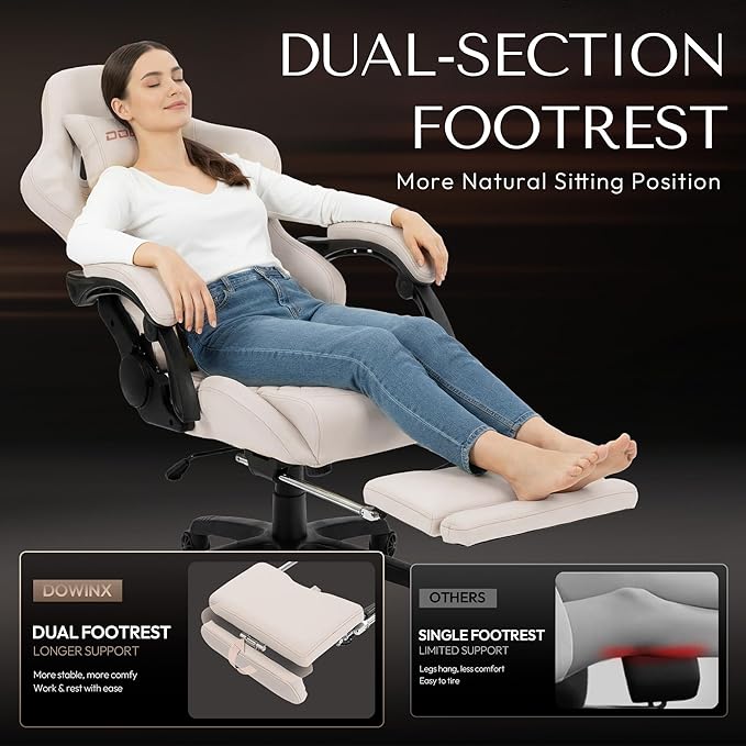Dowinx Gaming Chair Big and Tall with Dual Extended Footrest &amp Massage Ergonomic Reclining Computer Chair for Adults Racing-Style Gamer Chair 400lbs Capacity Heavy Duty Office PC Chair (White)
