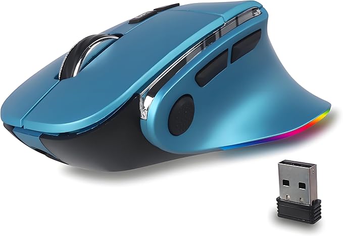 Ergonomic Mouse JigglerBluetooth Vertical Wireless MouseLED Rechargeable Optical Computer Mice Portable(BT5.2 or USB 2.4GHz) Dual Mode1000/1600/2400 DPI8 Buttons for LaptopPCMacbook (Blue)