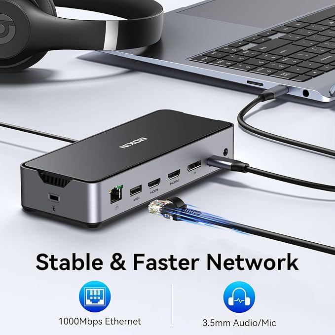 USB C Docking Station 3 Monitors Laptop USB C Dock Dual Monitor with 2 HDMI DisplayPort 4K144HzUSB A 2.0/3.0USBC 3.1 10Gbps&amp30W OutputEthernetmicroSD&ampSDAudio&ampMic150W DC Power for Del
