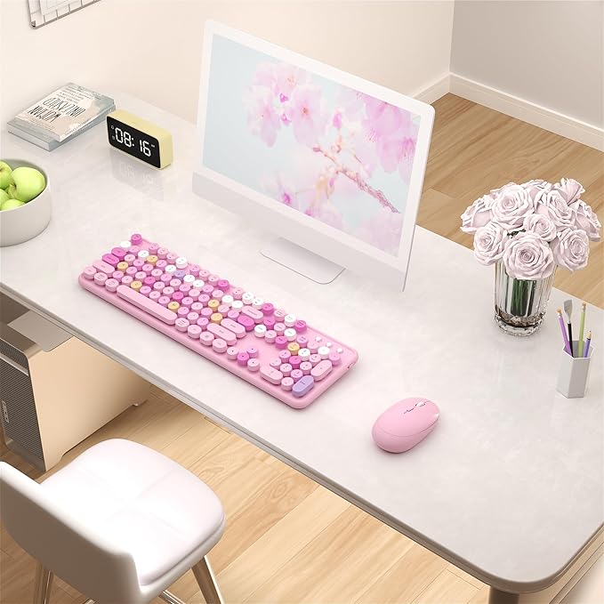 Colorful Wireless Keyboard and Mouse Combo COVEVA 2.4GHz Wireless Retro Cute Round Keycaps Keyboard 104 Keys Full-Sized Keyboard Mouse Set with Switch Button for PC Laptop Desktop (Pink Colorful)