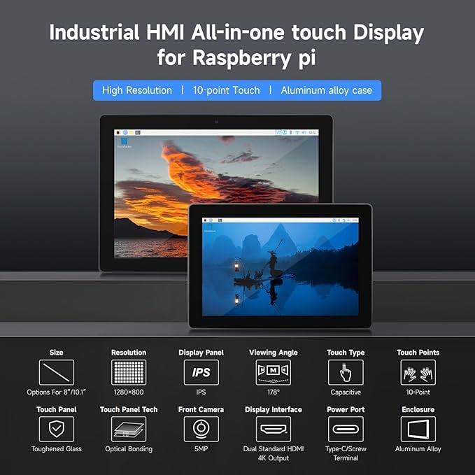 Industrial HMI All-in-one 10.1inch Touch Display Compatible with Raspberry Pi (Not Included) Supports Dual 4K HDMI Output 10-Point Touch Aluminum Alloy Case @XYGStudy (RPI-HMI-101D-ACCE)