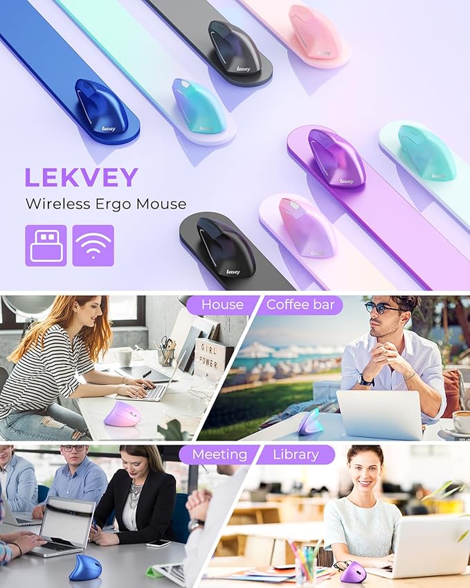 Lekvey Ergonomic Mouse Vertical Wireless Mouse Rechargeable 2.4G Optical Carpal Tunnel Mice with USB Receiver: 1000/1200 / 1600 DPI 6 Buttons for Laptop Computer PC Desktop Light Purple