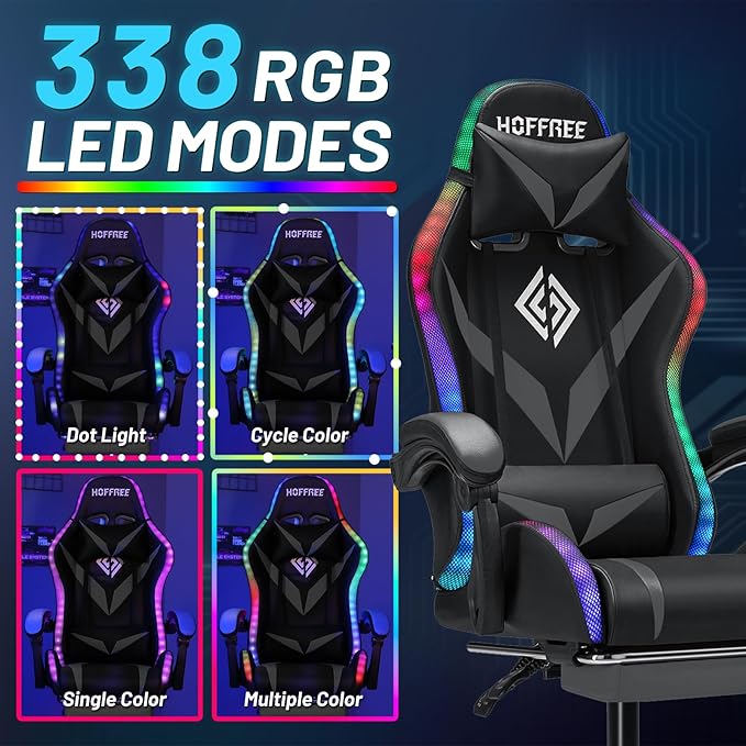 Gaming Chair Massage with LED RGB Lights and Footrest Ergonomic Computer Chair High Back Video Game Chair with Adjustable Lumbar Support Linkage Armrest Grey and Black