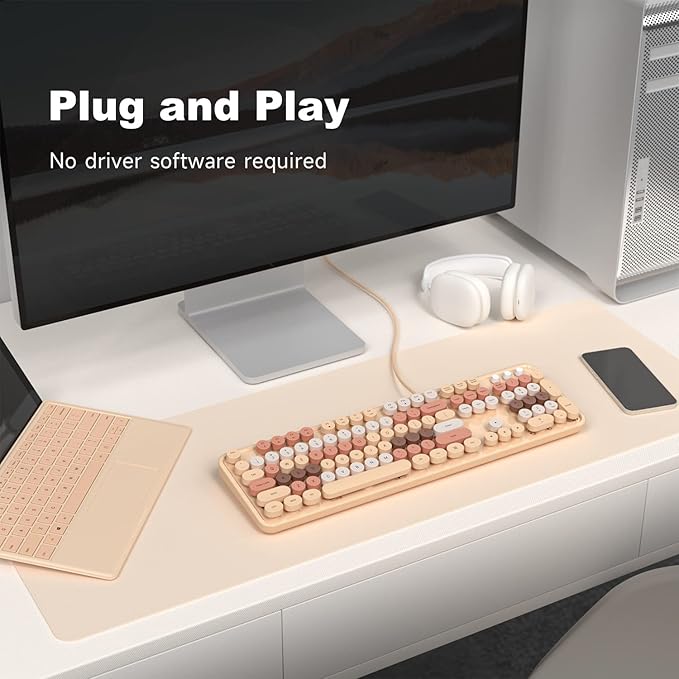 KNOWSQT Wired Computer Keyboard - Milk Tea Colorful Retro Full Size Round Keycaps Plug and Play Typewriter Cute Keyboards for Windows Laptop PC Desktop Computer