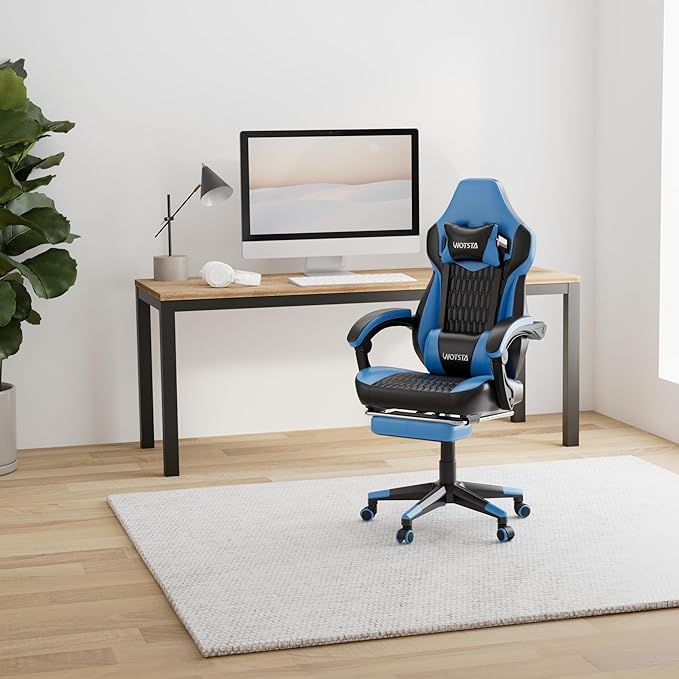 Gaming Chair with Footrest Gaming Chairs PVC Leather Ergonomic Office Gamer Chair Headrest Lumbar Support Racing Style Video Gaming Chair for Office (Black Blue)