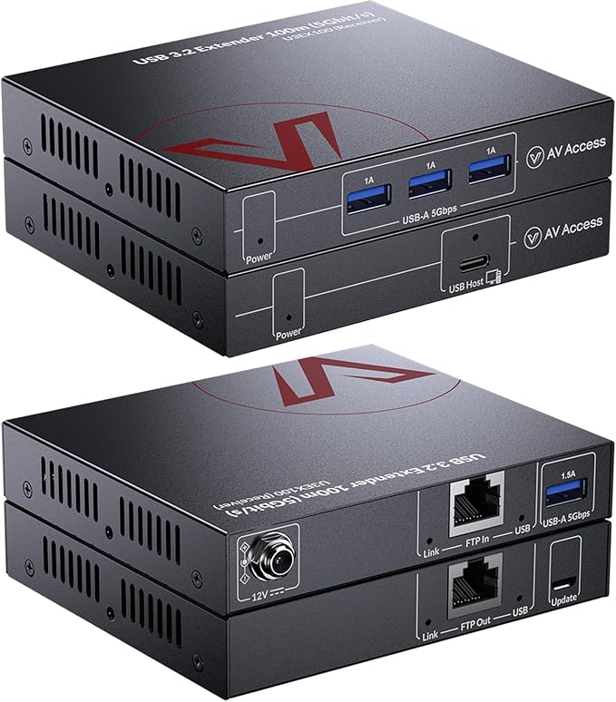 AV Access HDbaseT USB 3.2 Extender Over Ethernet Cat6a/7 100M/330FT 4 USB 3.2 Ports 5Gbps for Long Distance Extension 6.6FT USB C to A Cable Included Plug&ampPlay Supports All Operating System P