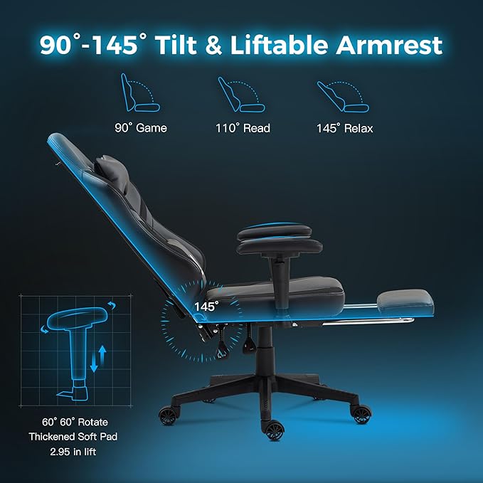 Dowinx LS-66T50EJP Gaming Chair with Pocket Spring Cushion and Hanger Massage Game Chair Pu Leather with Headrest Ergonomic Computer Chair with Footrest 300lbs for Adult Black Grey