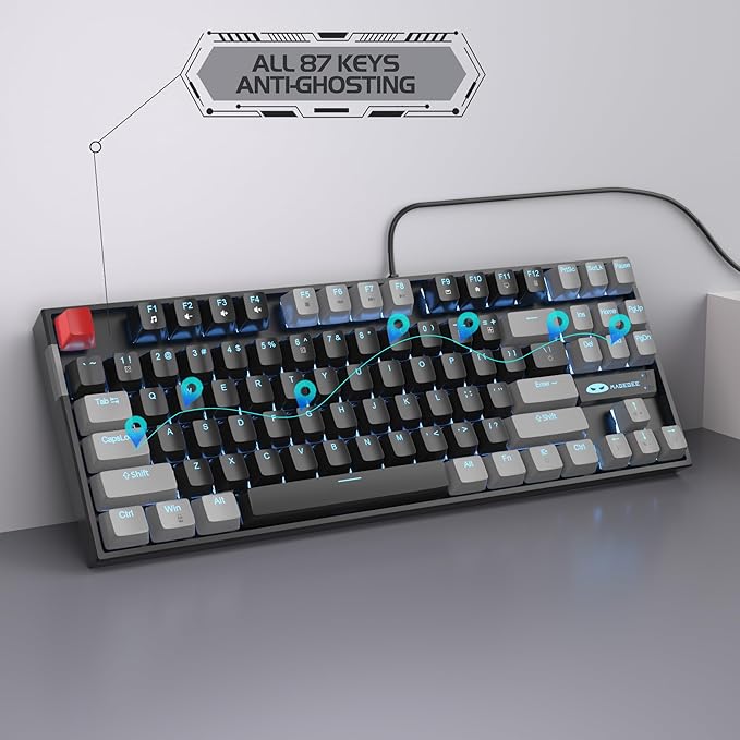 MageGee 75% Mechanical Gaming Keyboard Red Switch LED Blue Backlit 87 Keys Compact TKL Wired Computer Keyboards for Windows Laptop PC Gamer - Black/Grey