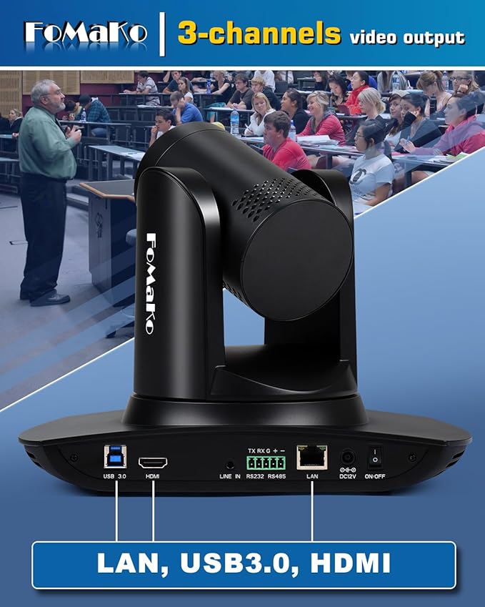 FoMaKo HDMI PTZ Camera AI Auto-Tracking Gen 3 20x Optical Zoom IP USB3.0 HDMI Camera for Church Services Worship EducationFMK12UH Pro(20x)-BBlack Color
