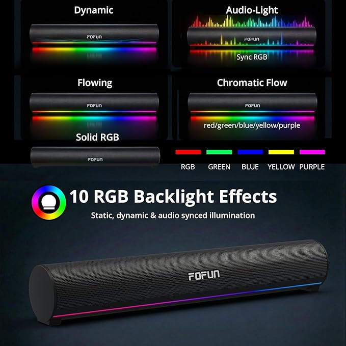 Computer Sound Bar with Detachable ENC Microphone Enhanced Bass Gaming Soundbar Bluetooth 6.0 USB-A Plug and Play PC and Bluetooth Mode 3EQ 10 RGB Speaker for Gaming MusicMeeting