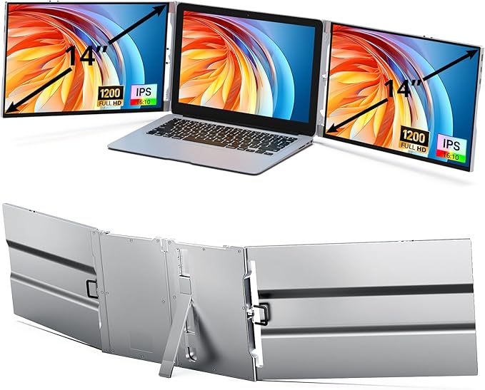 AYY Laptop Screen Extender 14 FHD 1200P Portable Triple Monitor for 13-17 Laptops Aluminum Alloy Stand Compatible with MacOS/Windows/Chrome