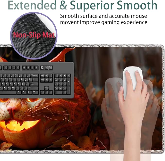 Large Gaming Mouse Pad + Keyboard Wrist Rest + Wrist Support + Coaster Set Memory Foam Ergonomic for Easy Typing XXL Extended Gaming Mouse Pad Table Pad - Pumpkin Cat