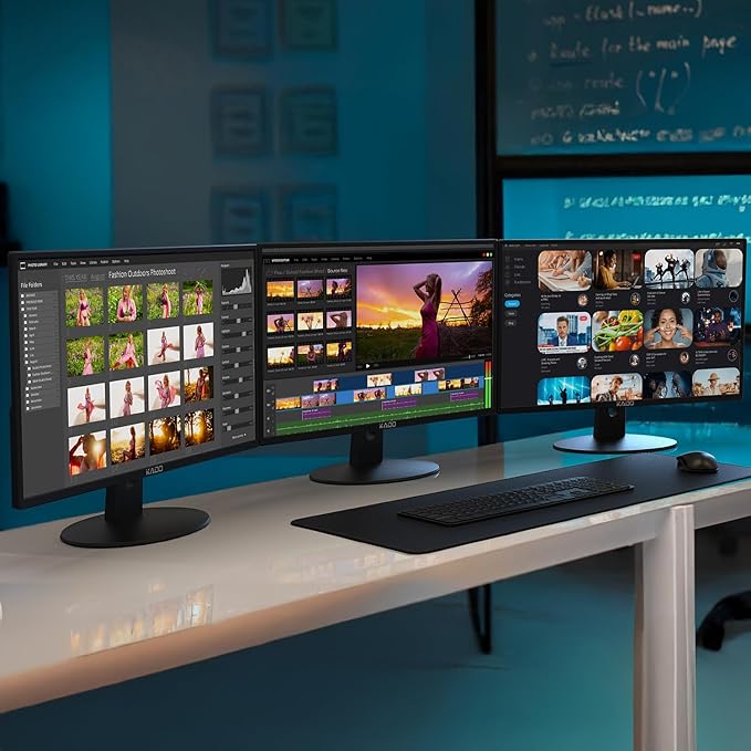 Kado Triple Monitor Setup - 3-Pack 24 1920x1080 Computer Monitor 75Hz VESA Mount HDMI Office Gaming Hybrid Built-in Speakers (E24 Trio Series)