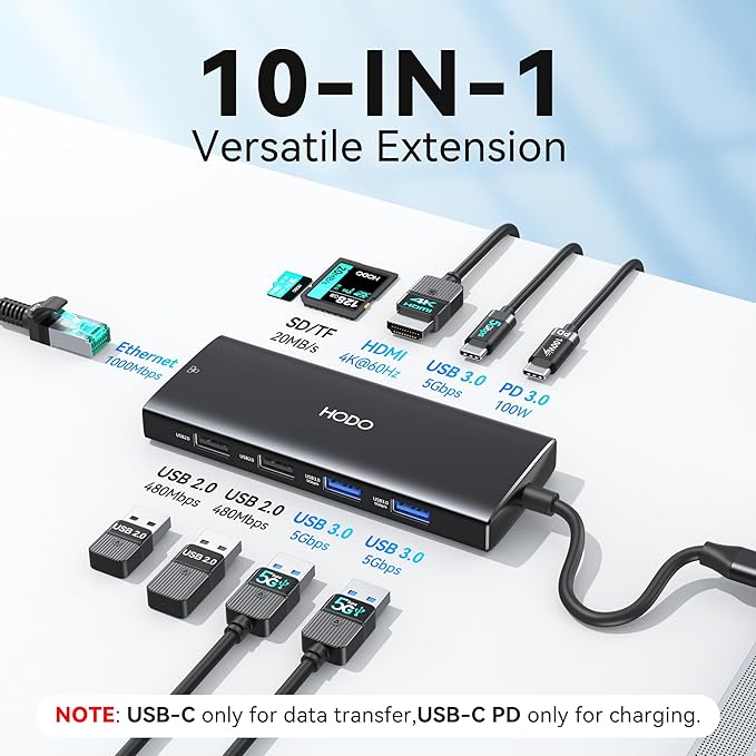 USB C Hub Multiport Adapter 10-in-1 Laptop USB C Docking Station for Dell/HP Laptop Type C Dock to 4K HDMIEthernet100W PD3USB 3.0 2USB 2.0 SD/TF Thunderbolt Dock for MacBook Surface Lenovo