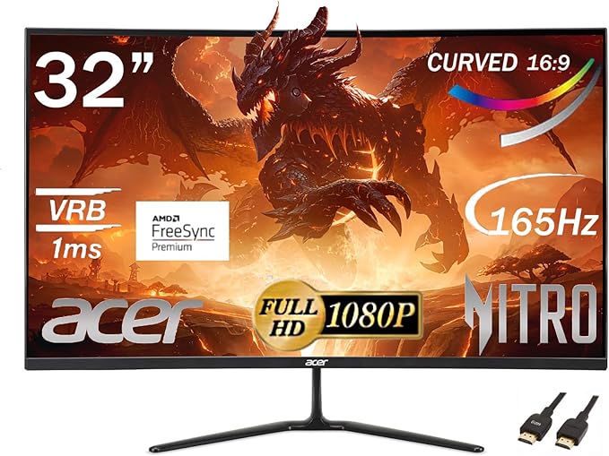 acer Nitro 32” Curved Gaming Monitor | FHD 1920 x 1080p | AMD FreeSync |165Hz Refresh Rate | Up to 1ms | 250 Nit Brightness | Anti-Glare Widescreen with 5ave HDMI Cable
