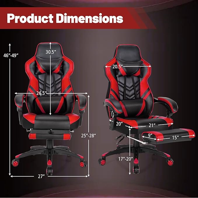 Goplus Gaming Chair Computer Chair with Footrest and Lumbar Support Height Adjustable Executive Swivel Rolling Task Chair with 90°-155° Tilt Function (Red)