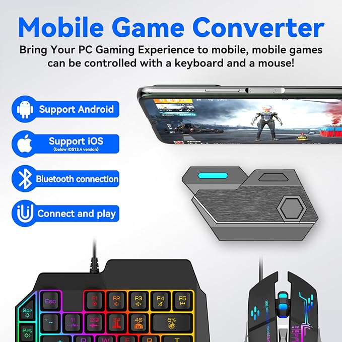 Gugxiom One Hand RGB Gaming Keyboard and Mouse Combo Half Hand Mechanical Feeling Keyboard for Mobile Games