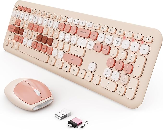 Wireless Keyboard and Mouse Combo Colorful Ergonomic Full Size Retro Low-Noise Keyboard with Cute keycaps Compatible with Windows PC Perfer for Home and Office Keyboards (Brown)