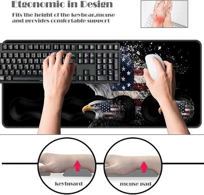 Ergonomic Keyboard Wrist Rest &amp Mouse Pad Wrist Rest SetXL Gaming Desk Mat 31.5x 11.8Non-Slip BaseMemory FoamEasy Typing Pain Relief for Office &amp HomeEagle American Flag