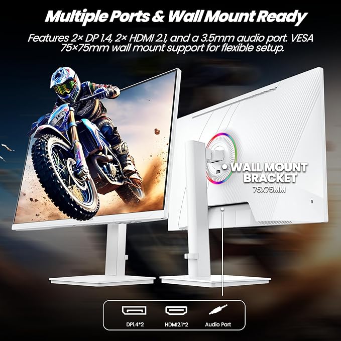 CRUA 27 Gaming Monitor 144Hz 4K UHD(3840*2160P) IPS Screen Supports Height/Pivot/Rotating/Tilt Adjustable Vertical Monitor AMD Freesync 120% sRGB Built-in Speakers Wall Mountable Installs-White